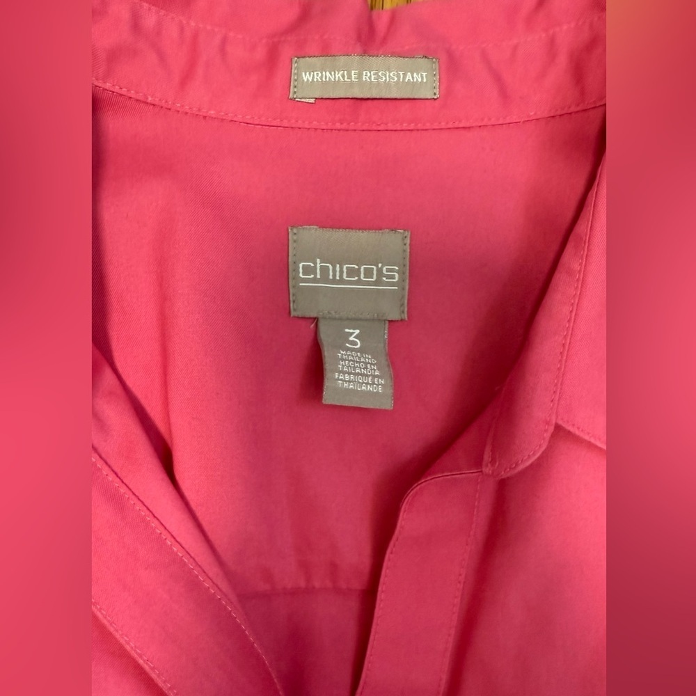 Chico's Blouse 100% cotton non-iron hidden button-up 2/3 sleeves Pink  3 (XL-16) - Picture 3 of 7